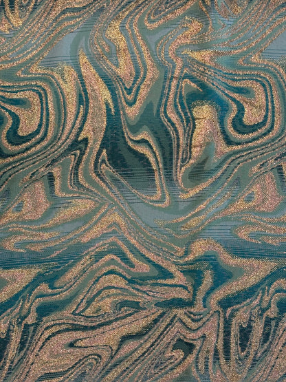 Tissu abstrait vert d’eau et doré - L: 1,80 m
