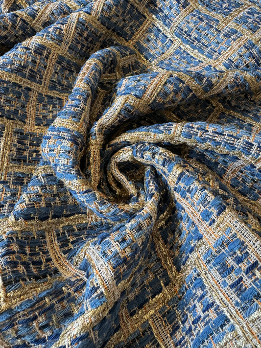Tissu carreaux bleu doré - L: 1 m